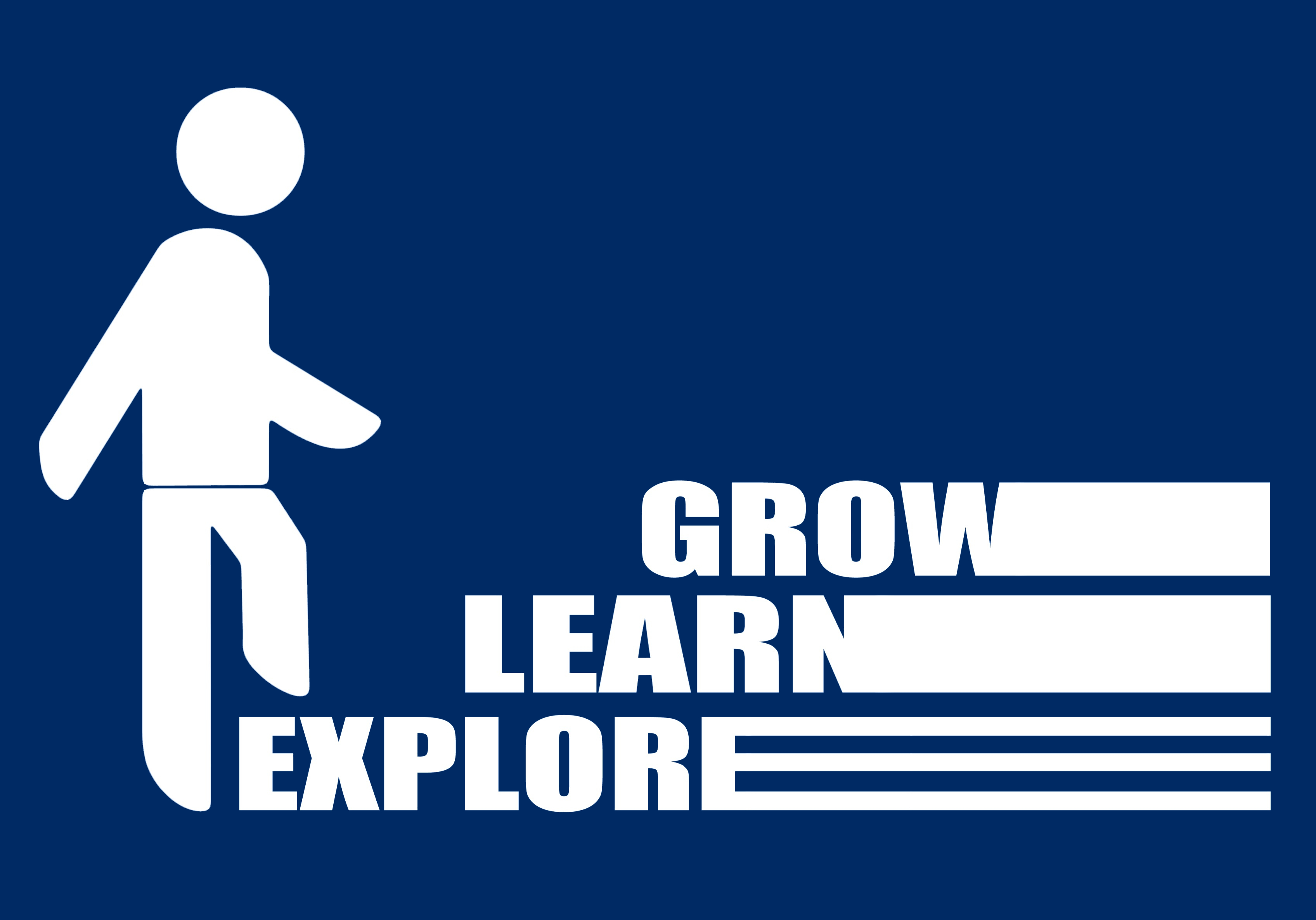 Character climbing steps that read Explore, Learn, Grow.